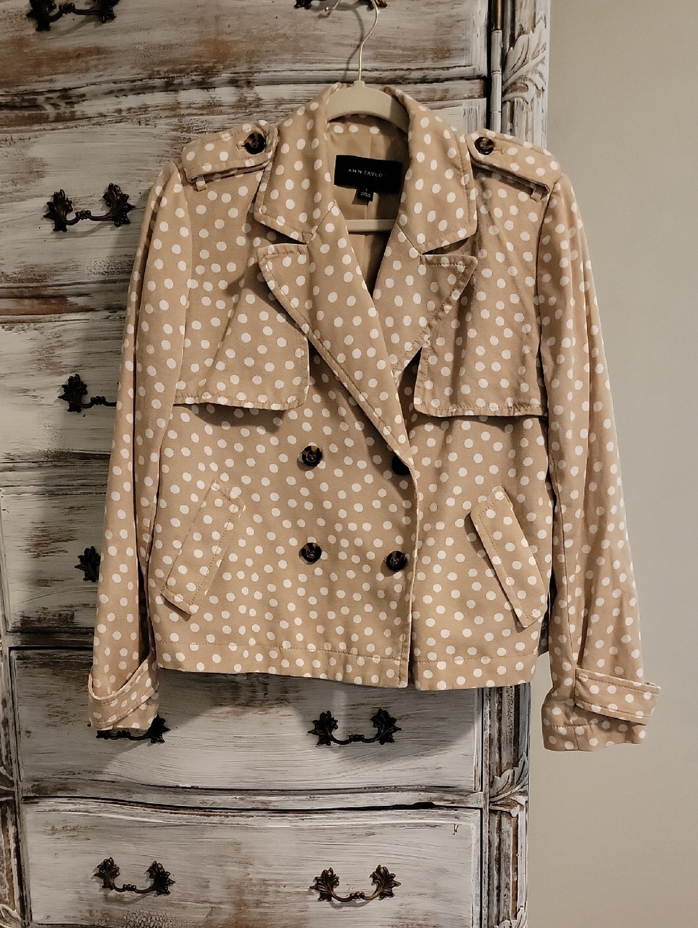 Ann Taylor Polka Dot Double-Breasted Beige Jacket
